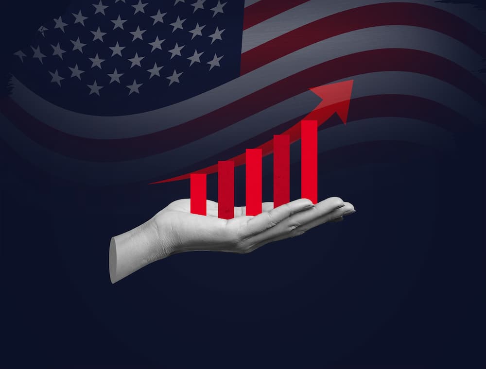 Financial graphic showing a soaring red growth chart held up by a hand against a dark background with a faded American flag, representing investment success in the US market.